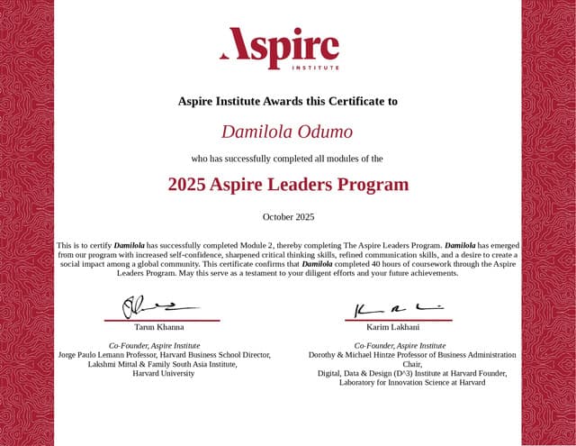 Aspire Leaders Program — Certificate of Completion certificate