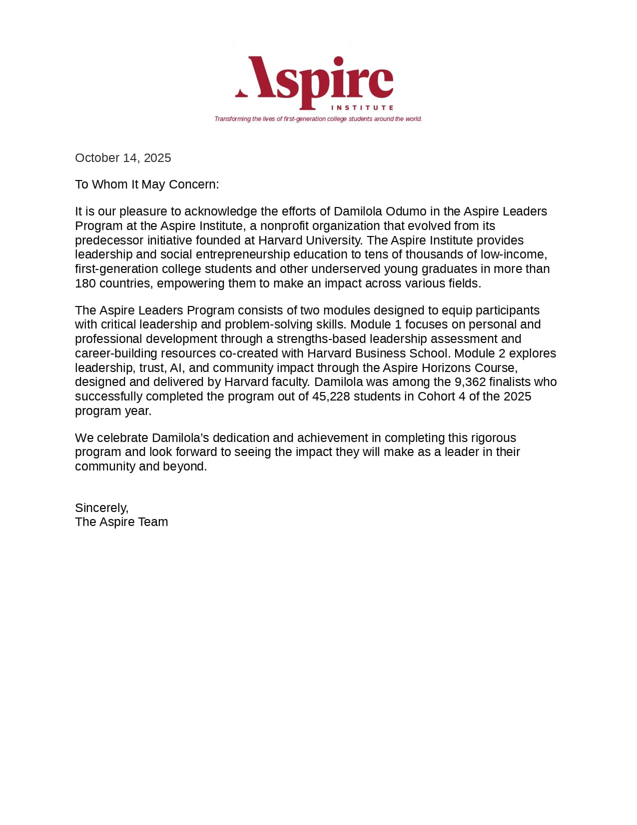 Aspire Leaders Program — Letter of Acknowledgement certificate