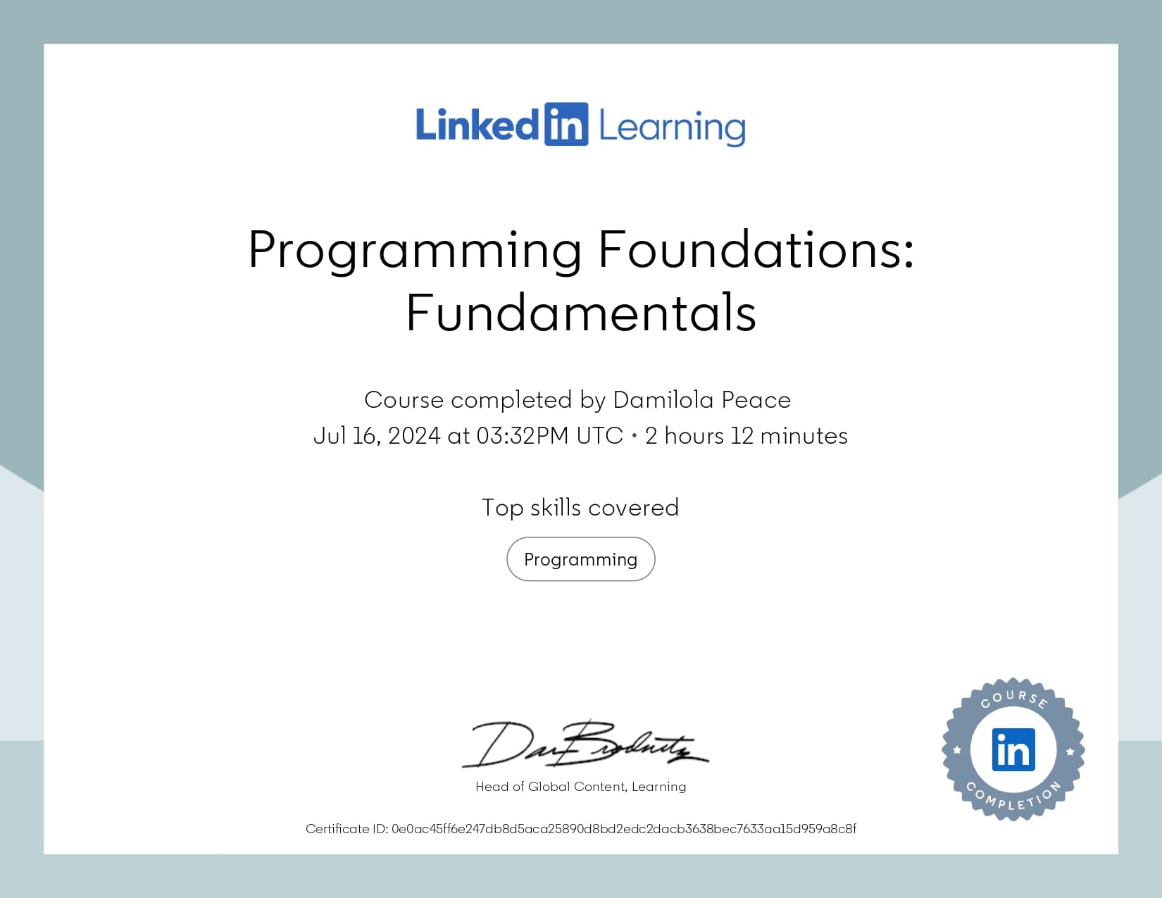 Programming Foundations: Fundamentals certificate