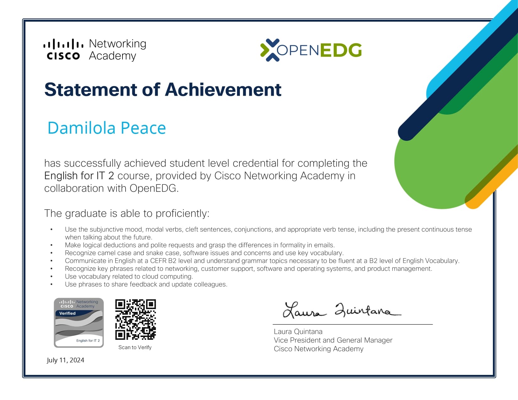 English for IT 1 certificate